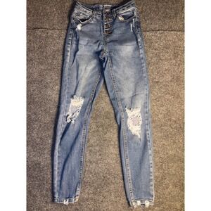 No Boundaries Skinny Jeans Womens 1 Blue High‎ Rise Distressed Button Fly Preppy